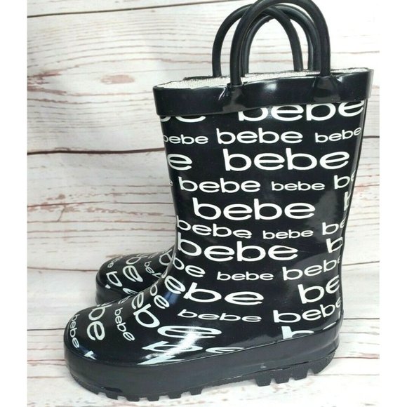 Girls Designer BeBe Graphics L 9/10 25 #121229 Black And White Rain Boots - Picture 2 of 12